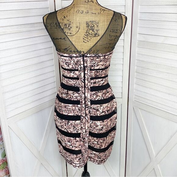 BCBGMaxAzria Brenda Bandage Dress Patterned Black Pink 4 Sleeveless Sheer Top - Picture 5 of 14